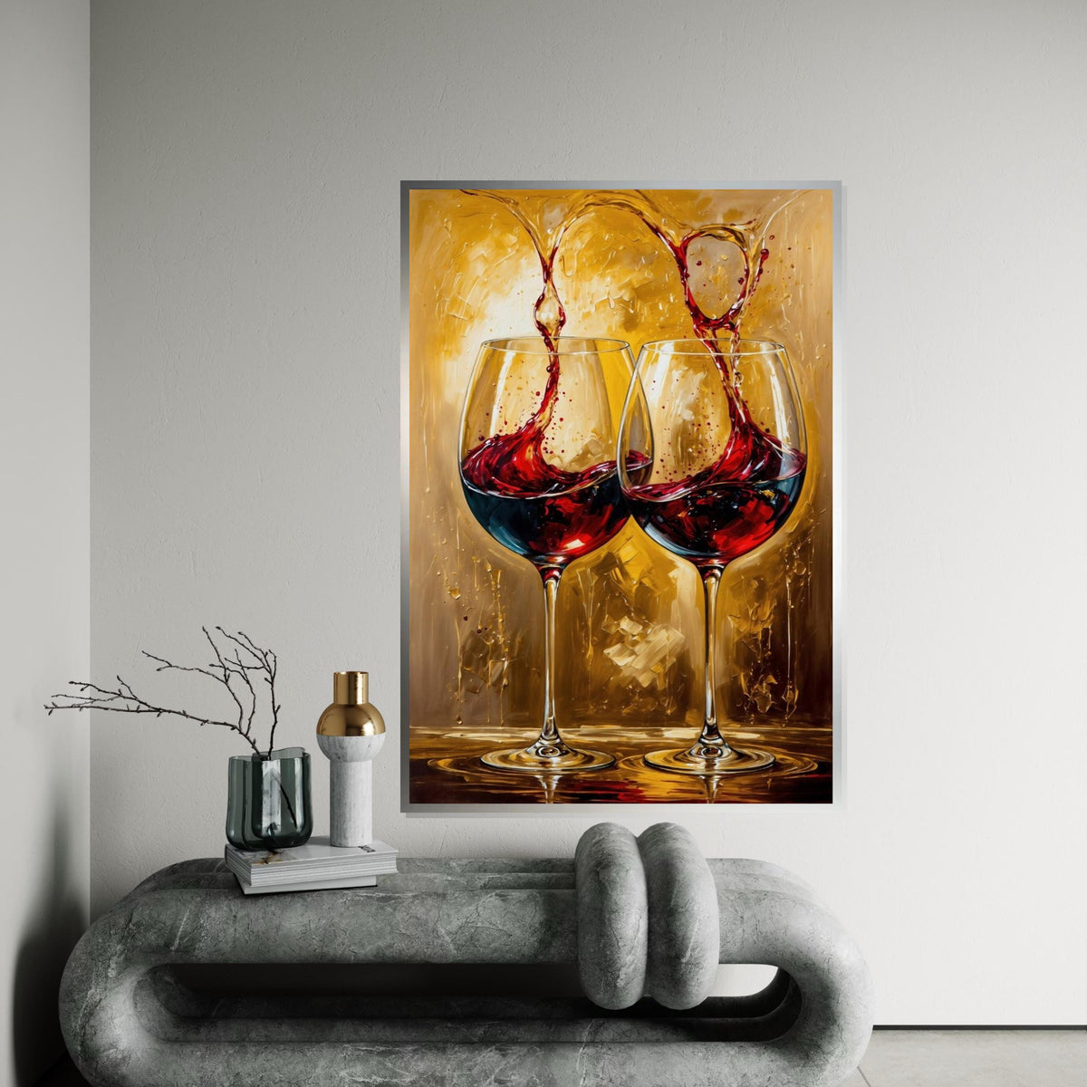 Red Wine Splash Canvas Print, Pair of Wine Glasses Art, Dramatic Beverage Still Life,Modern BarKitchen Wall Decor,Oil-Texture Painting Print