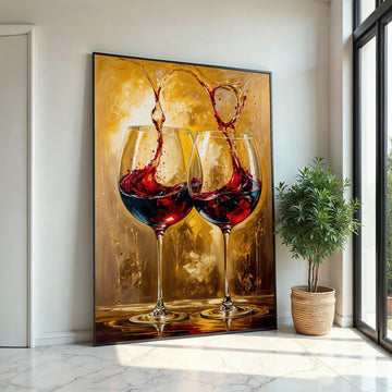 Red Wine Splash Canvas Print, Pair of Wine Glasses Art, Dramatic Beverage Still Life,Modern BarKitchen Wall Decor,Oil-Texture Painting Print