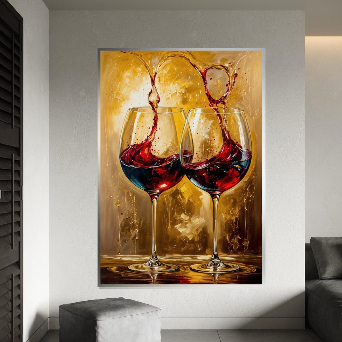 Red Wine Splash Canvas Print, Pair of Wine Glasses Art, Dramatic Beverage Still Life,Modern BarKitchen Wall Decor,Oil-Texture Painting Print