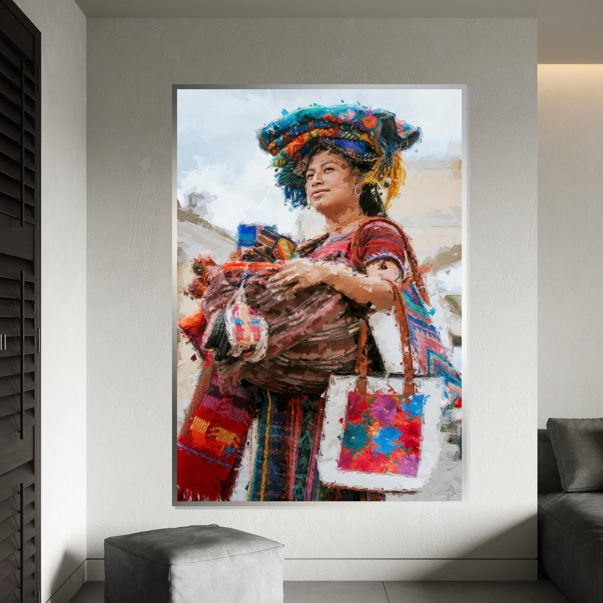 Colorful Market Woman Canvas Print, Indigenous Vendor Portrait Oil-Paint Style, Bohemian Textile & Basket Art,Ethnic Street Scene Wall Decor