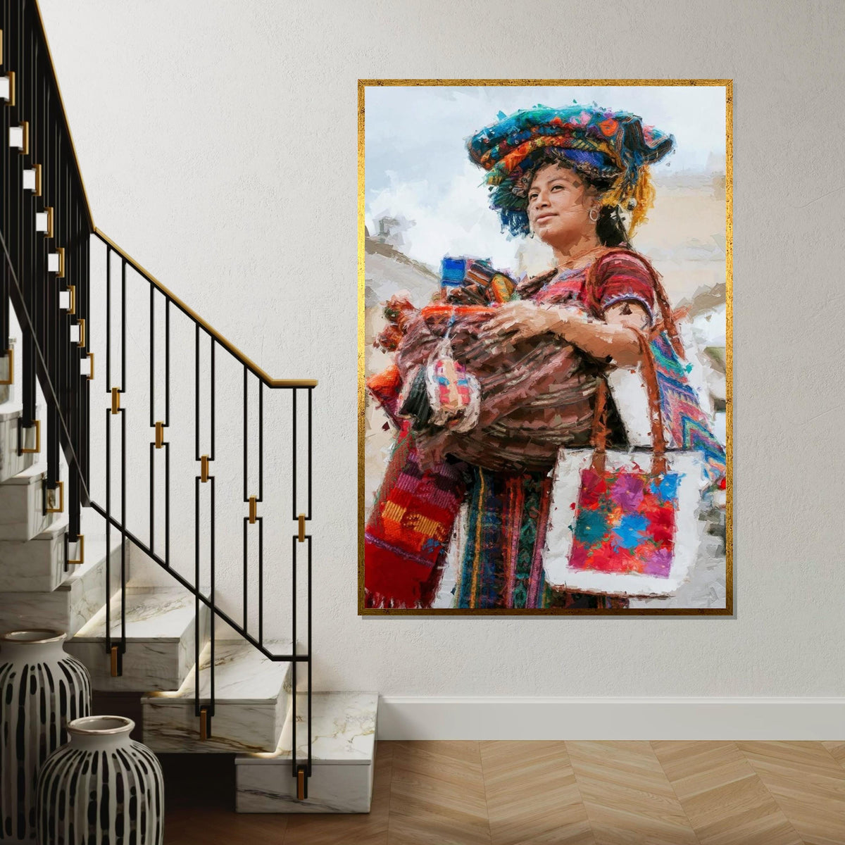 Colorful Market Woman Canvas Print, Indigenous Vendor Portrait Oil-Paint Style, Bohemian Textile & Basket Art,Ethnic Street Scene Wall Decor