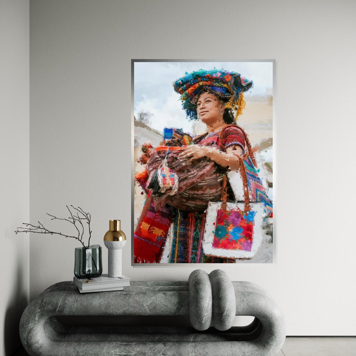 Colorful Market Woman Canvas Print, Indigenous Vendor Portrait Oil-Paint Style, Bohemian Textile & Basket Art,Ethnic Street Scene Wall Decor