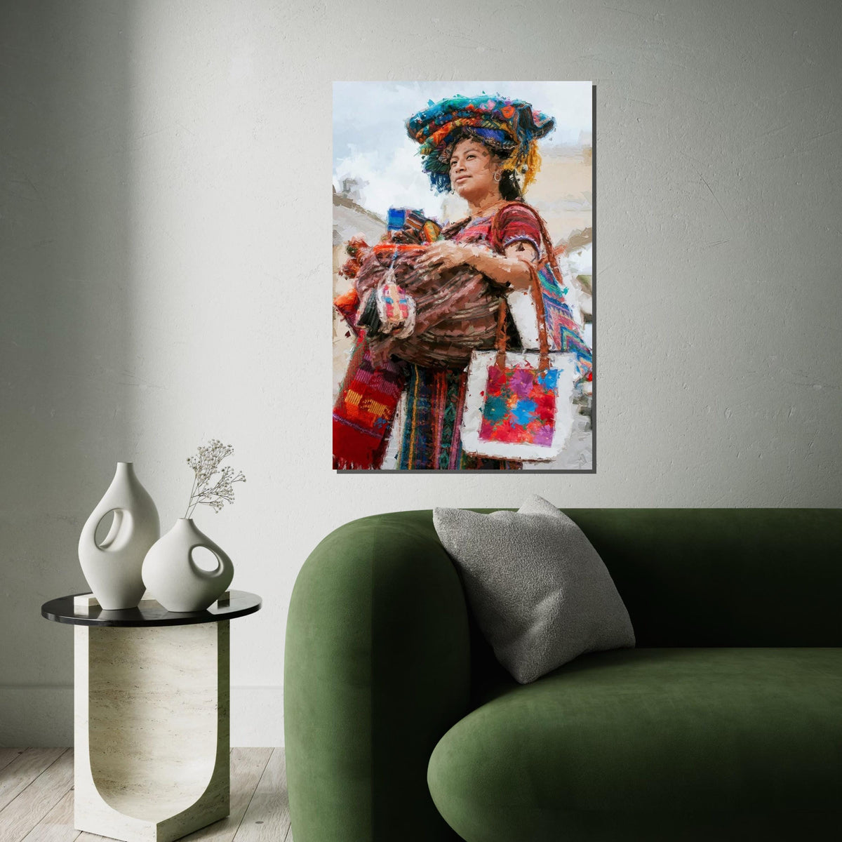 Colorful Market Woman Canvas Print, Indigenous Vendor Portrait Oil-Paint Style, Bohemian Textile & Basket Art,Ethnic Street Scene Wall Decor