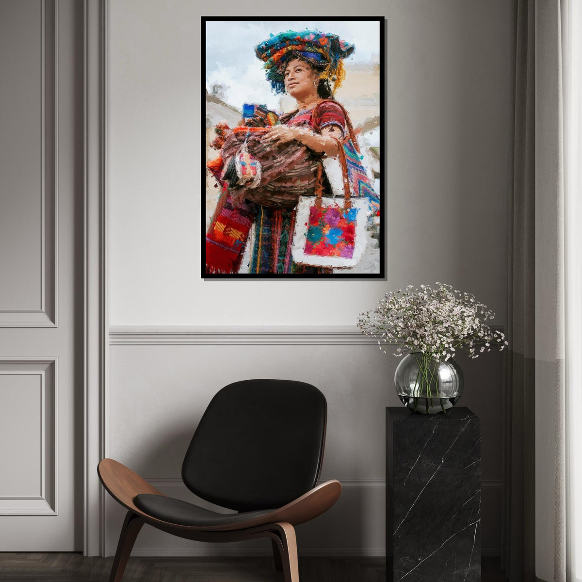 Colorful Market Woman Canvas Print, Indigenous Vendor Portrait Oil-Paint Style, Bohemian Textile & Basket Art,Ethnic Street Scene Wall Decor