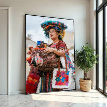 Colorful Market Woman Canvas Print, Indigenous Vendor Portrait Oil-Paint Style, Bohemian Textile & Basket Art,Ethnic Street Scene Wall Decor