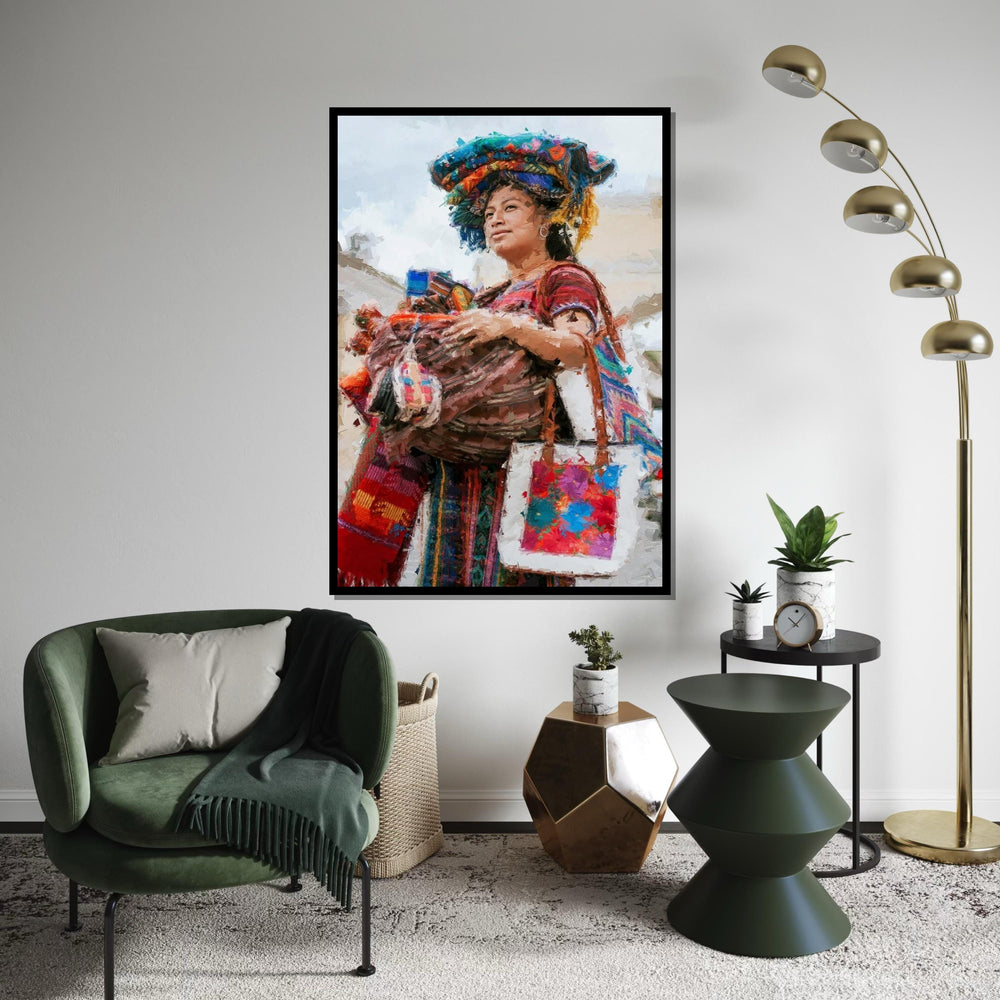 Colorful Market Woman Canvas Print, Indigenous Vendor Portrait Oil-Paint Style, Bohemian Textile & Basket Art,Ethnic Street Scene Wall Decor
