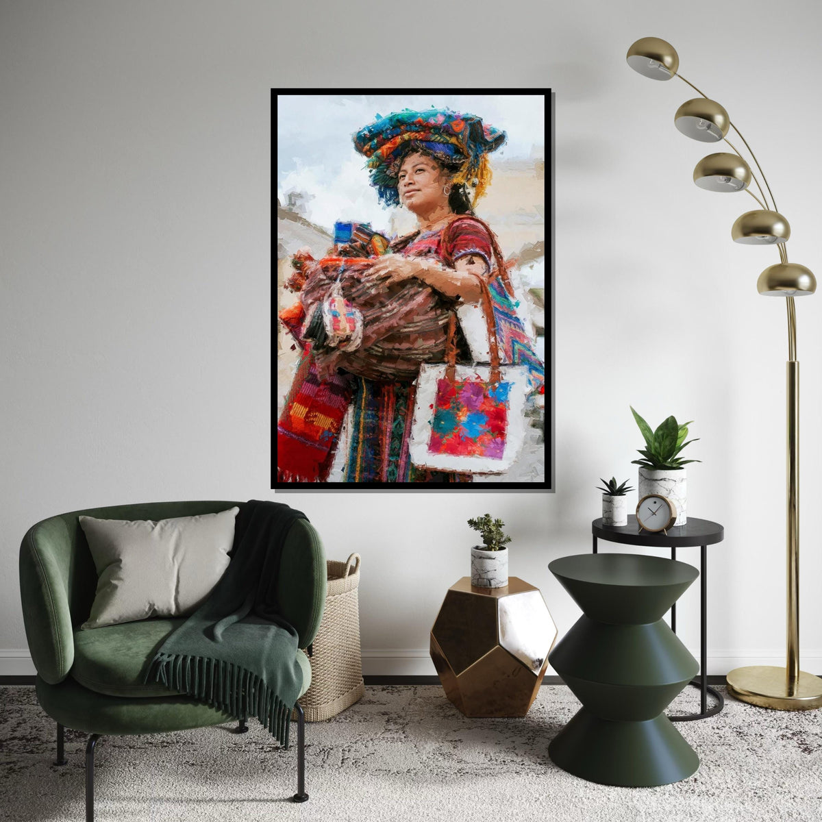 Colorful Market Woman Canvas Print, Indigenous Vendor Portrait Oil-Paint Style, Bohemian Textile & Basket Art,Ethnic Street Scene Wall Decor