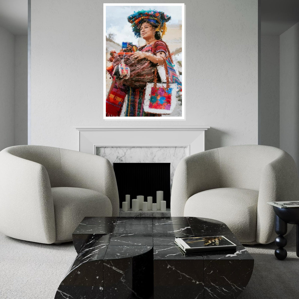 Colorful Market Woman Canvas Print, Indigenous Vendor Portrait Oil-Paint Style, Bohemian Textile & Basket Art,Ethnic Street Scene Wall Decor