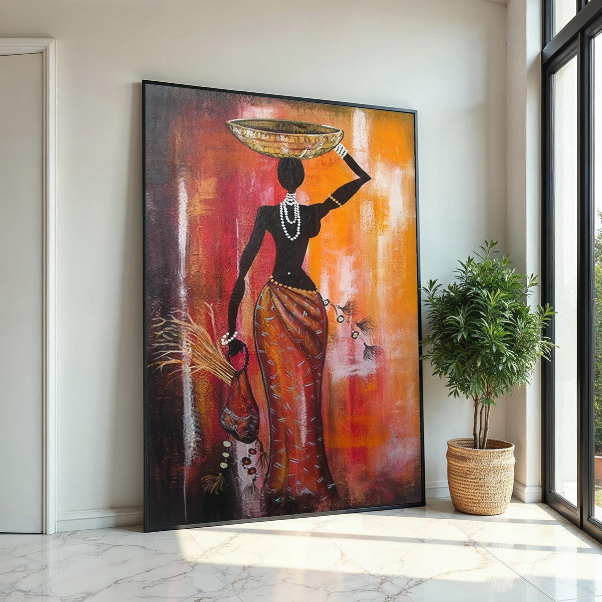 Silhouette African Woman with Bowl Canvas Print, Tribal Figure Oil-Look Art, Minimalist Ethnic Wall Decor, Boho Kitchen & Living Room Print