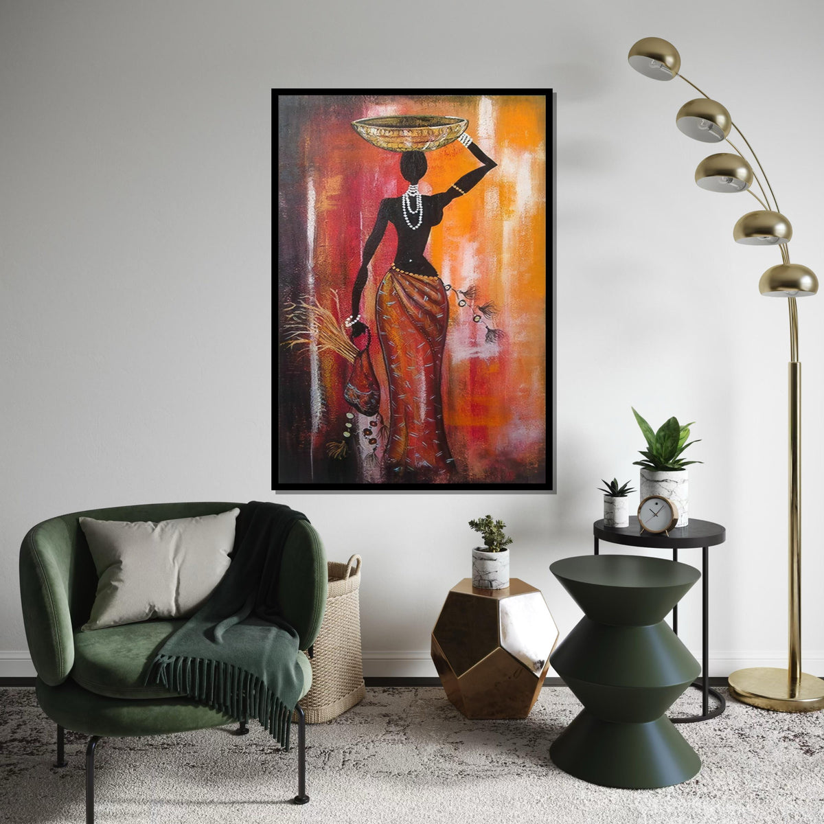 Silhouette African Woman with Bowl Canvas Print, Tribal Figure Oil-Look Art, Minimalist Ethnic Wall Decor, Boho Kitchen & Living Room Print