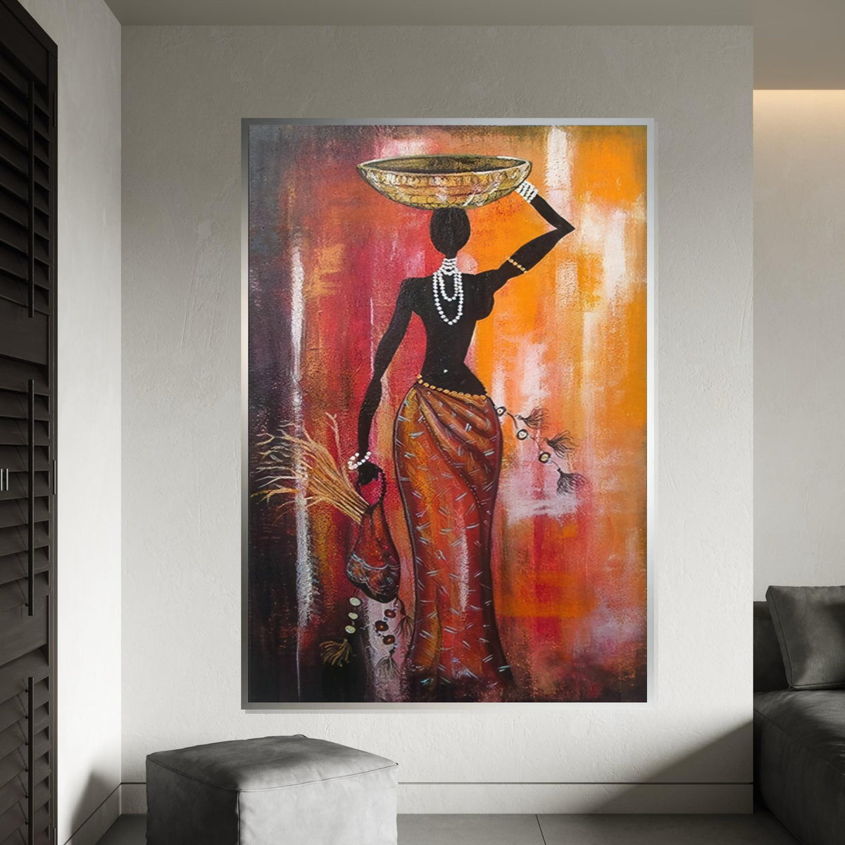 Silhouette African Woman with Bowl Canvas Print, Tribal Figure Oil-Look Art, Minimalist Ethnic Wall Decor, Boho Kitchen & Living Room Print
