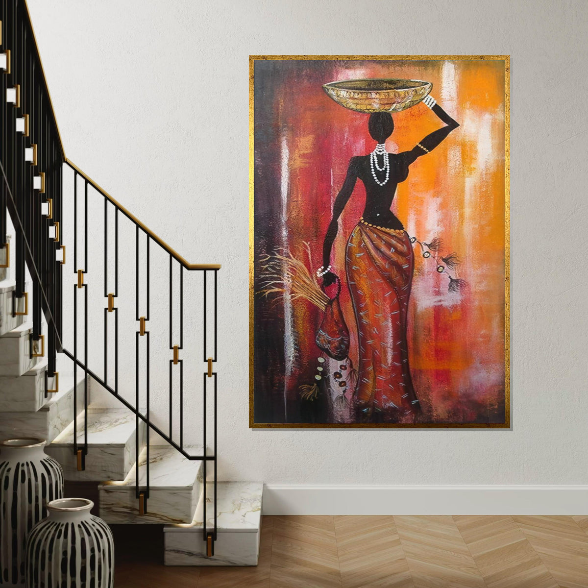 Silhouette African Woman with Bowl Canvas Print, Tribal Figure Oil-Look Art, Minimalist Ethnic Wall Decor, Boho Kitchen & Living Room Print