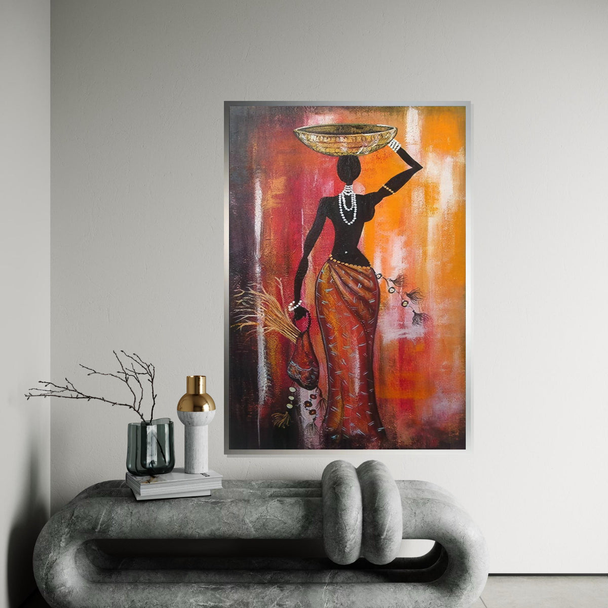 Silhouette African Woman with Bowl Canvas Print, Tribal Figure Oil-Look Art, Minimalist Ethnic Wall Decor, Boho Kitchen & Living Room Print