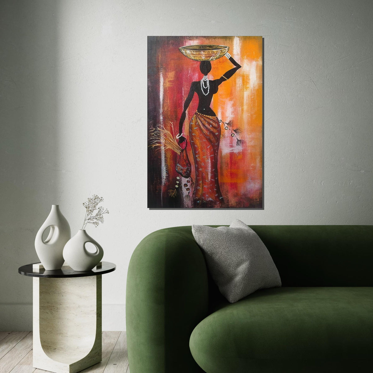 Silhouette African Woman with Bowl Canvas Print, Tribal Figure Oil-Look Art, Minimalist Ethnic Wall Decor, Boho Kitchen & Living Room Print