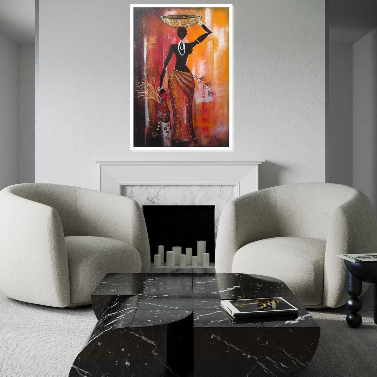 Silhouette African Woman with Bowl Canvas Print, Tribal Figure Oil-Look Art, Minimalist Ethnic Wall Decor, Boho Kitchen & Living Room Print