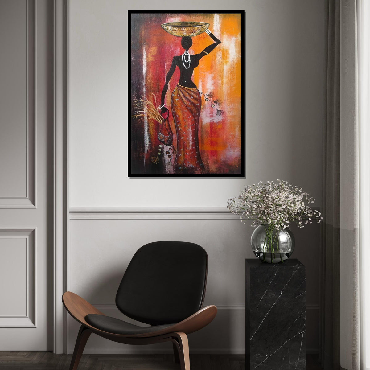Silhouette African Woman with Bowl Canvas Print, Tribal Figure Oil-Look Art, Minimalist Ethnic Wall Decor, Boho Kitchen & Living Room Print