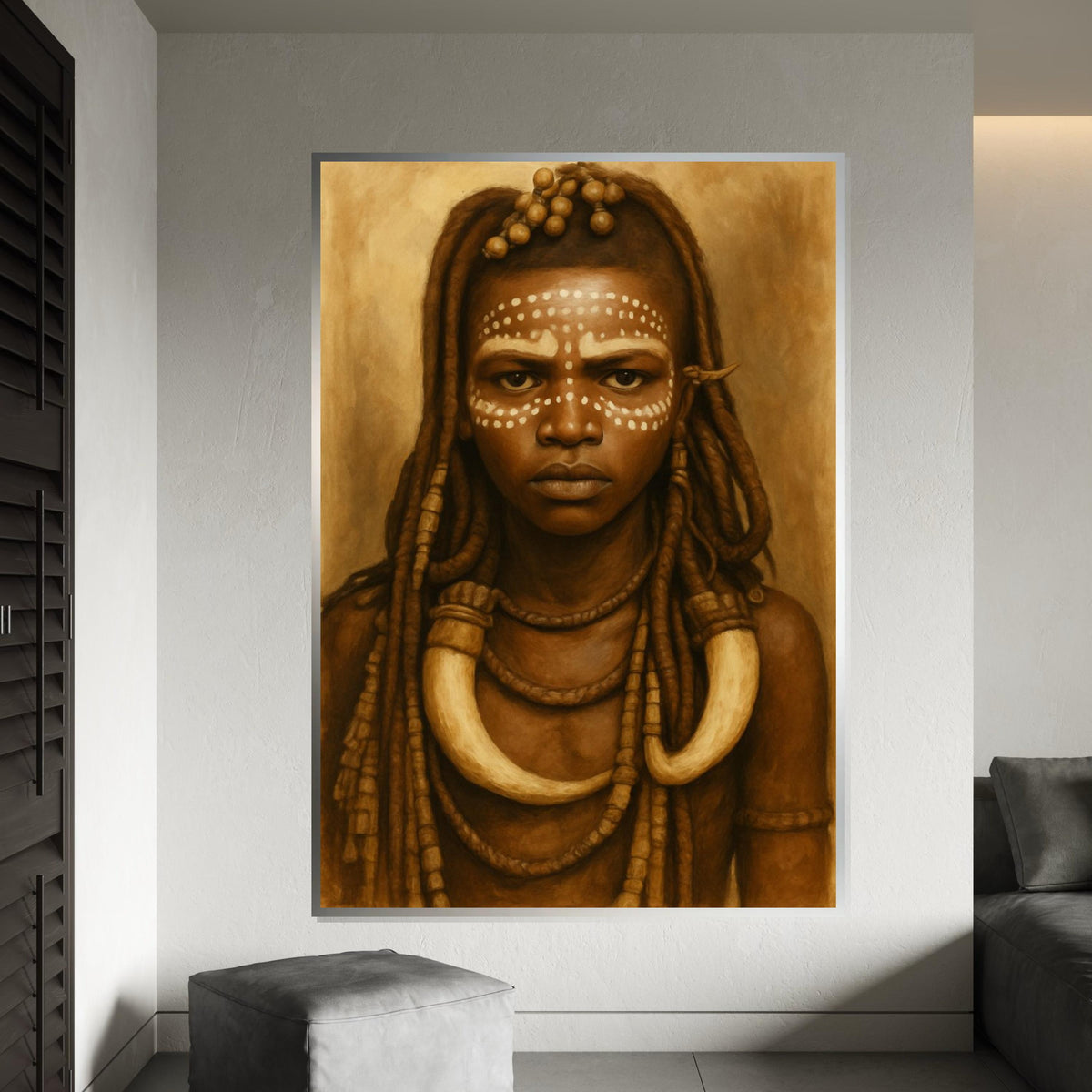Sepia Tribal Girl Portrait Canvas Print, Indigenous African Dot-Face Art, Ethnic Portrait Oil-Paint Style Wall Decor, Boho Nursery Art