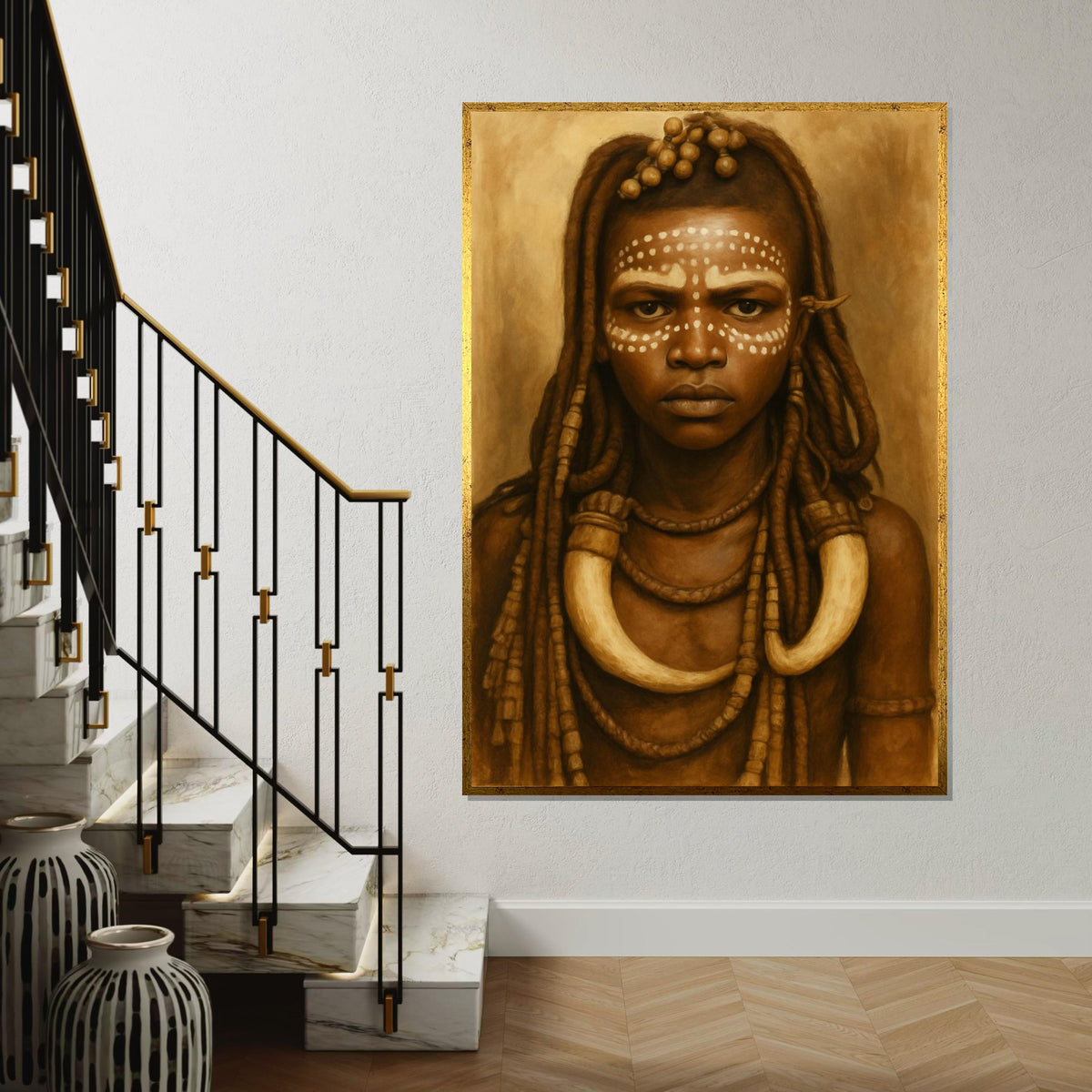 Sepia Tribal Girl Portrait Canvas Print, Indigenous African Dot-Face Art, Ethnic Portrait Oil-Paint Style Wall Decor, Boho Nursery Art