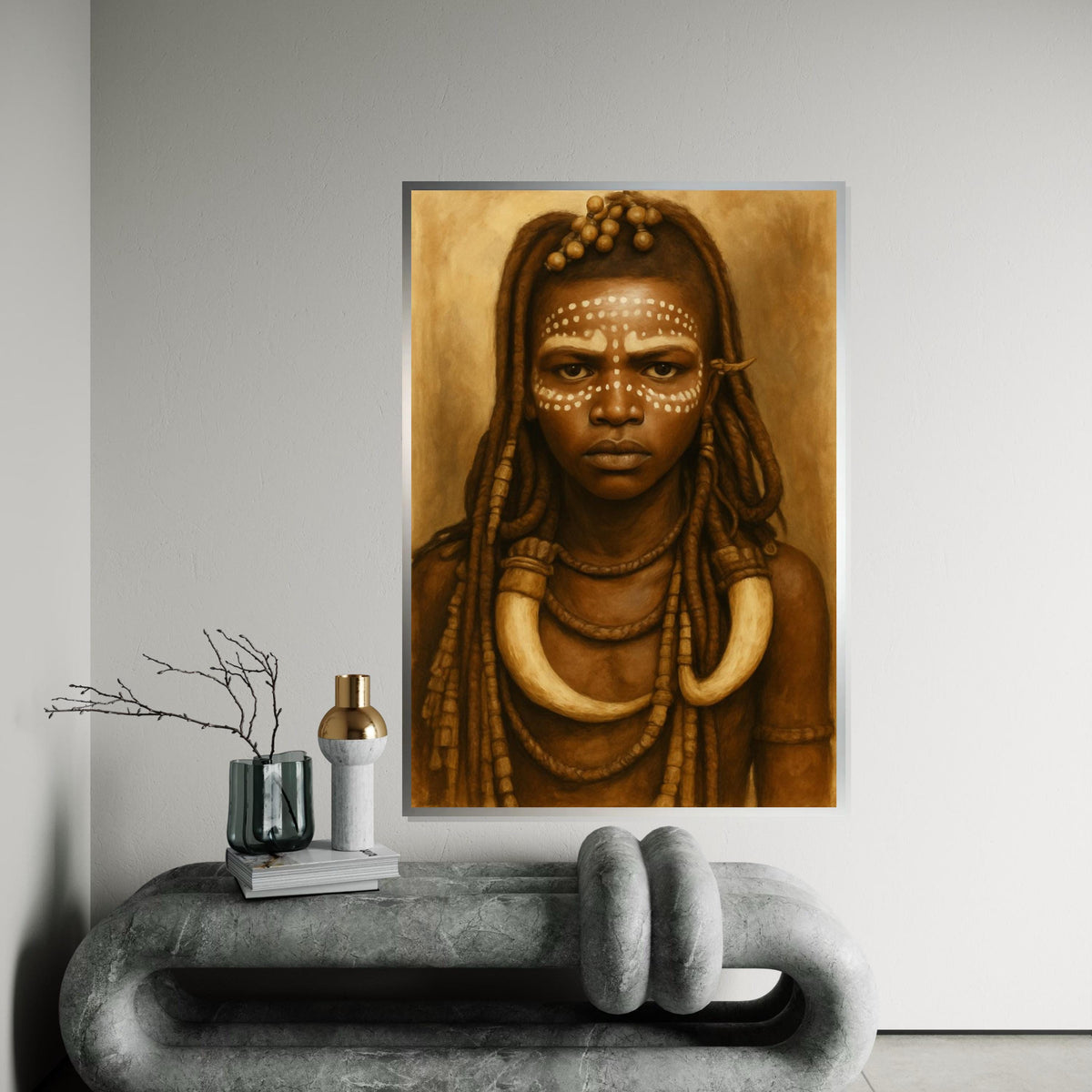 Sepia Tribal Girl Portrait Canvas Print, Indigenous African Dot-Face Art, Ethnic Portrait Oil-Paint Style Wall Decor, Boho Nursery Art