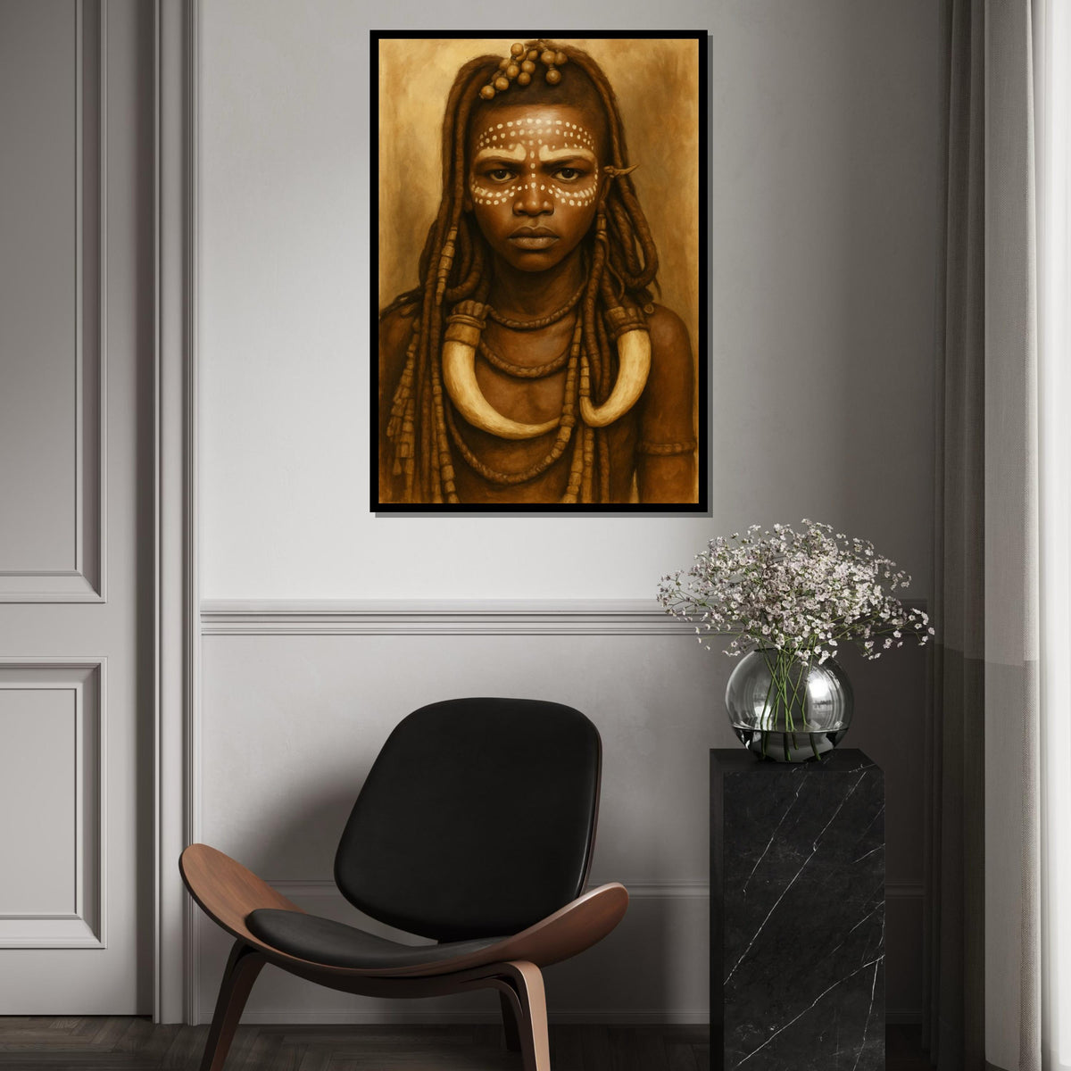 Sepia Tribal Girl Portrait Canvas Print, Indigenous African Dot-Face Art, Ethnic Portrait Oil-Paint Style Wall Decor, Boho Nursery Art