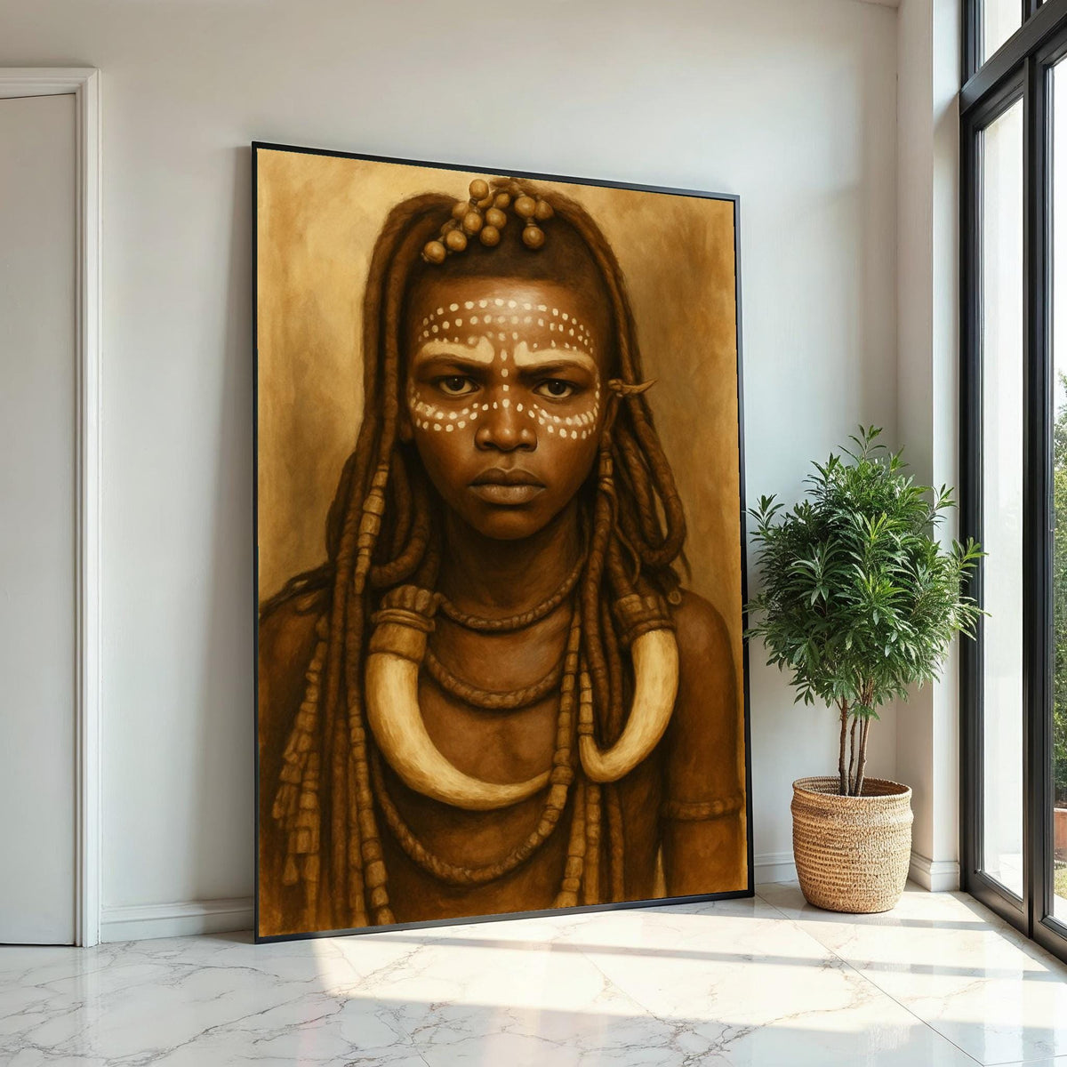 Sepia Tribal Girl Portrait Canvas Print, Indigenous African Dot-Face Art, Ethnic Portrait Oil-Paint Style Wall Decor, Boho Nursery Art
