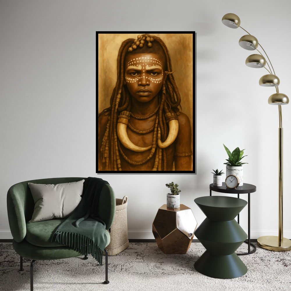 Sepia Tribal Girl Portrait Canvas Print, Indigenous African Dot-Face Art, Ethnic Portrait Oil-Paint Style Wall Decor, Boho Nursery Art