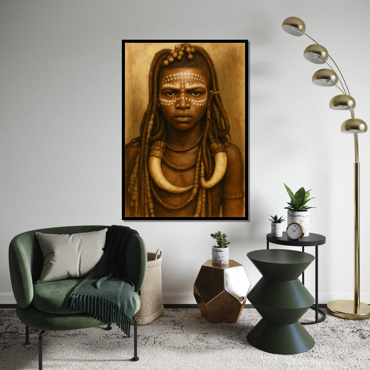 Sepia Tribal Girl Portrait Canvas Print, Indigenous African Dot-Face Art, Ethnic Portrait Oil-Paint Style Wall Decor, Boho Nursery Art