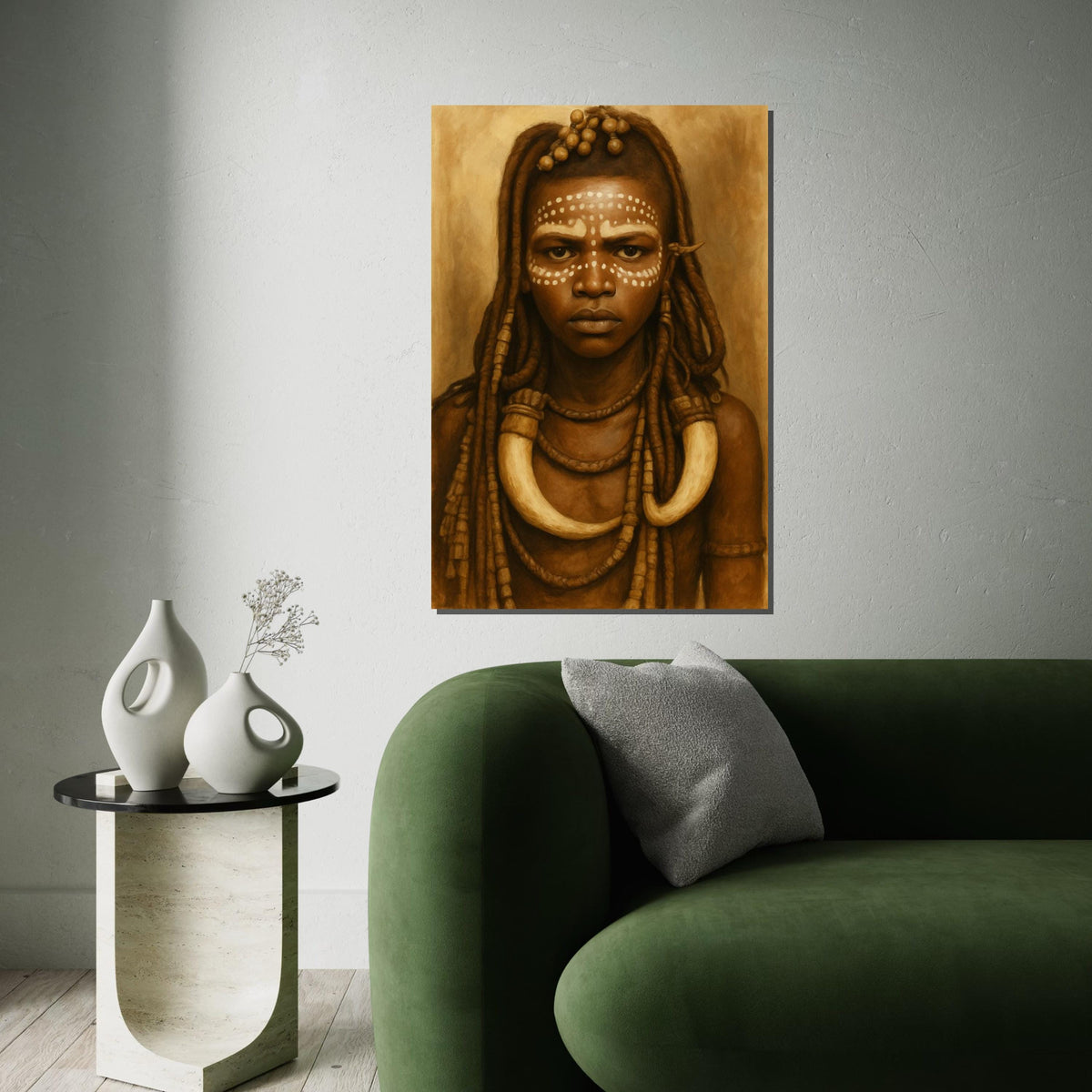 Sepia Tribal Girl Portrait Canvas Print, Indigenous African Dot-Face Art, Ethnic Portrait Oil-Paint Style Wall Decor, Boho Nursery Art