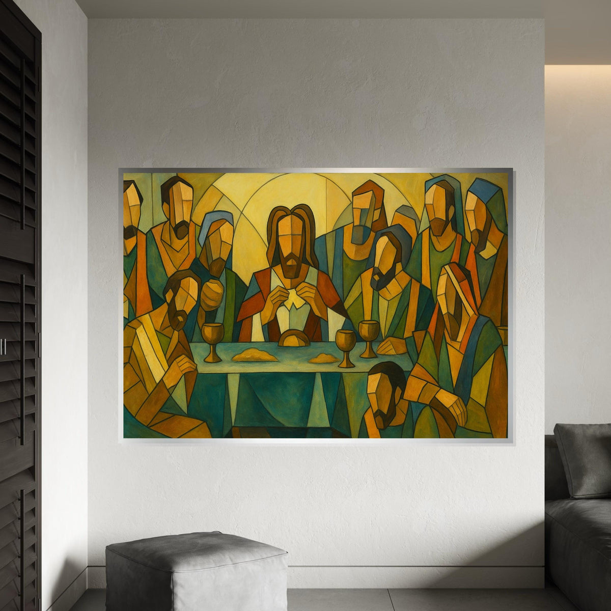 Geometric Last Supper Canvas Print, Modern Abstract Religious Art, Christian Wall Decor, Stylized Jesus and Apostles Painting Print
