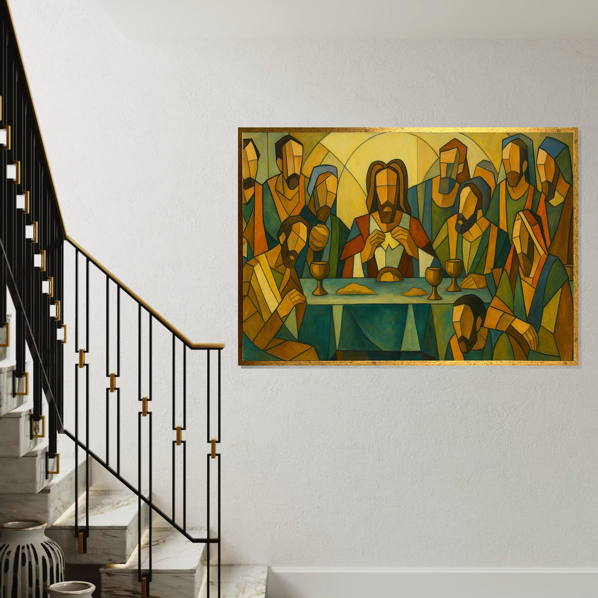 Geometric Last Supper Canvas Print, Modern Abstract Religious Art, Christian Wall Decor, Stylized Jesus and Apostles Painting Print