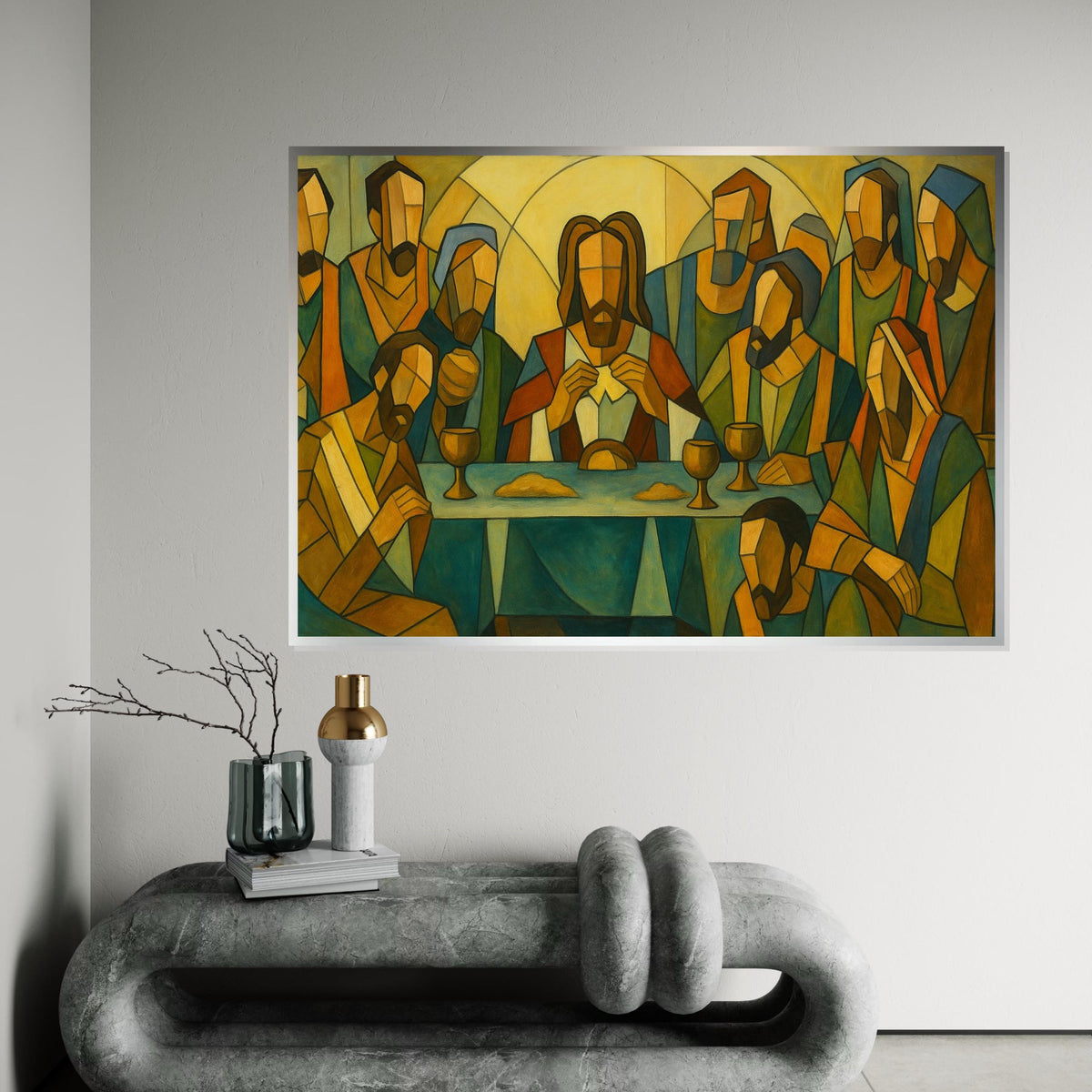 Geometric Last Supper Canvas Print, Modern Abstract Religious Art, Christian Wall Decor, Stylized Jesus and Apostles Painting Print