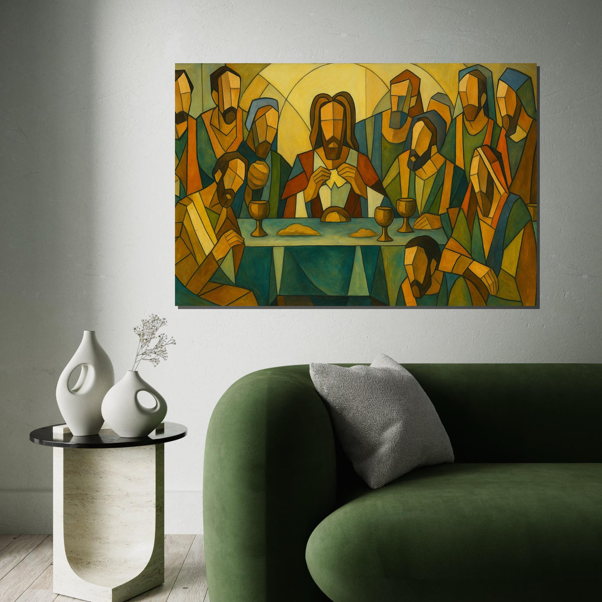 Geometric Last Supper Canvas Print, Modern Abstract Religious Art, Christian Wall Decor, Stylized Jesus and Apostles Painting Print