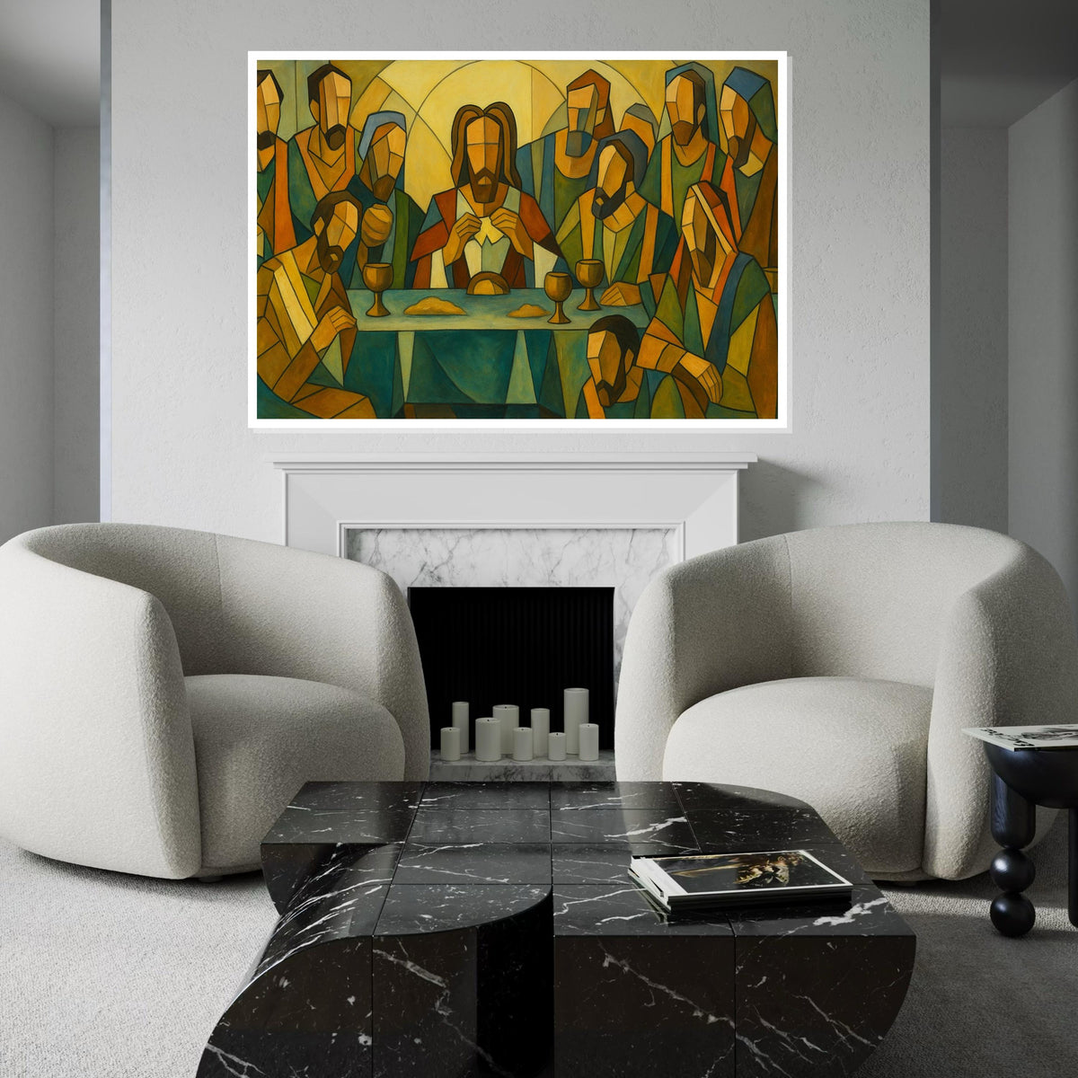Geometric Last Supper Canvas Print, Modern Abstract Religious Art, Christian Wall Decor, Stylized Jesus and Apostles Painting Print