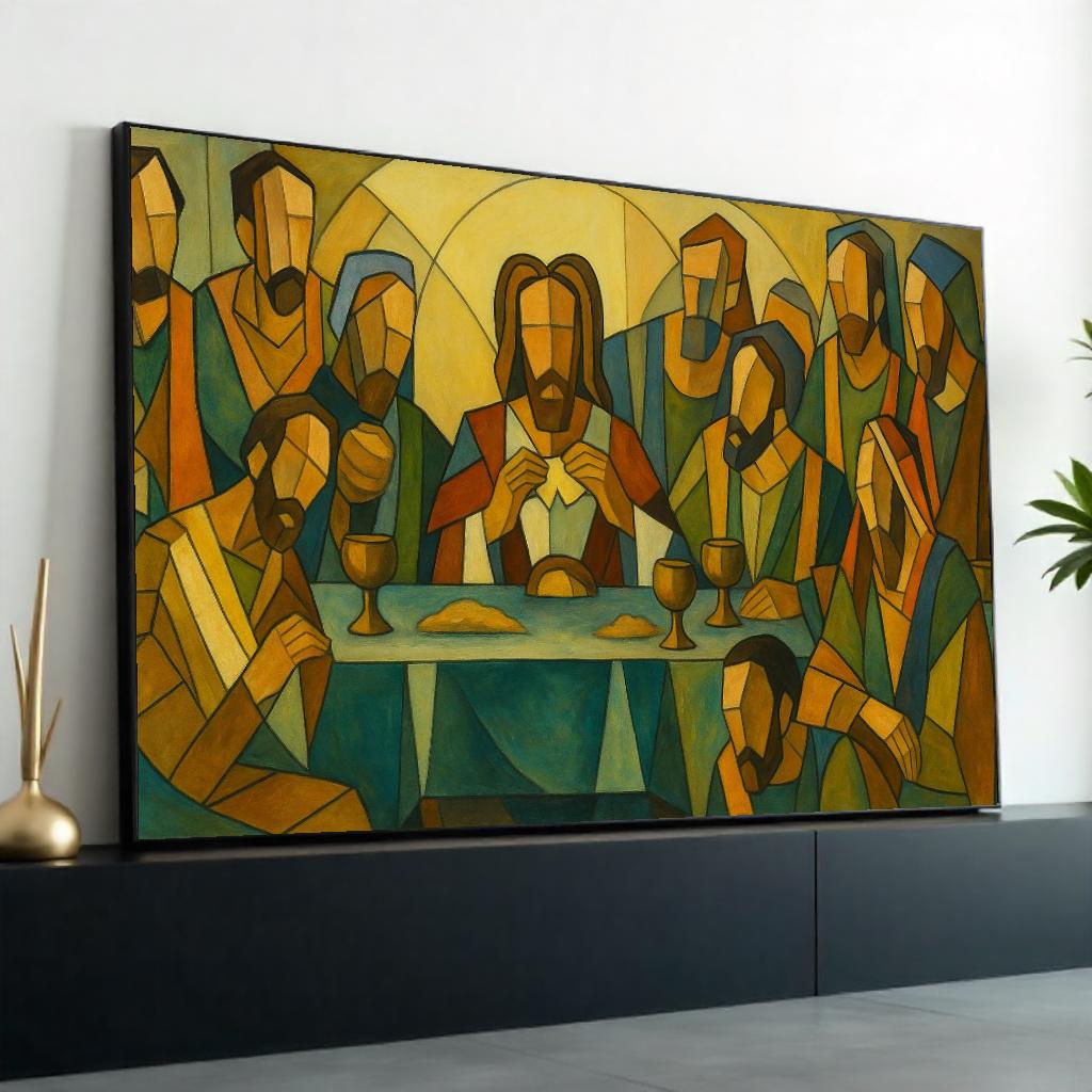 Geometric Last Supper Canvas Print, Modern Abstract Religious Art, Christian Wall Decor, Stylized Jesus and Apostles Painting Print