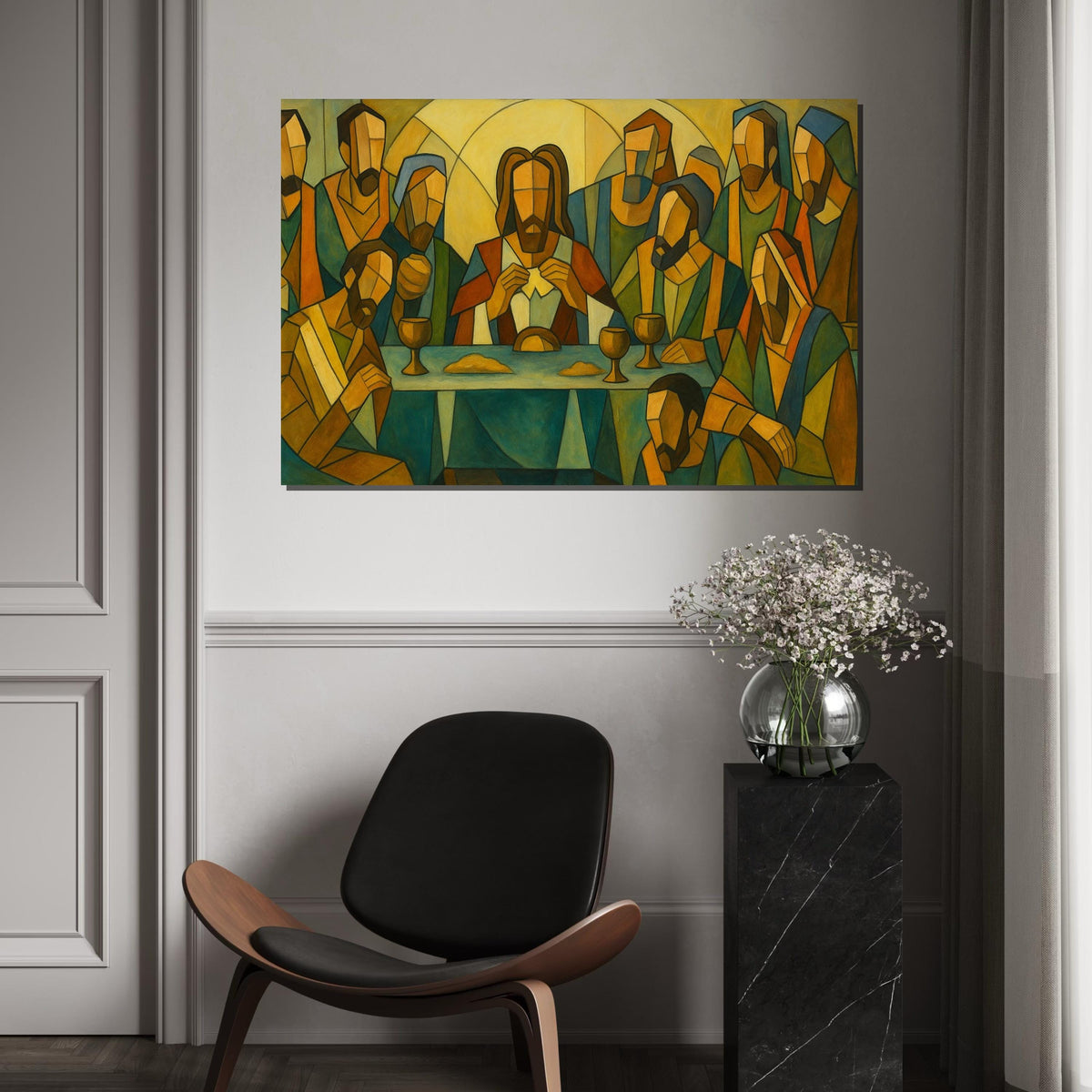 Geometric Last Supper Canvas Print, Modern Abstract Religious Art, Christian Wall Decor, Stylized Jesus and Apostles Painting Print