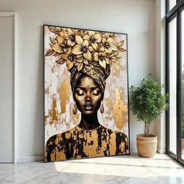 Golden Floral Headwrap Woman Canvas Print, Luxury Metallic Portrait Art, Botanical & Fashion Fusion Wall Decor, High-Detail Oil-Effect Print