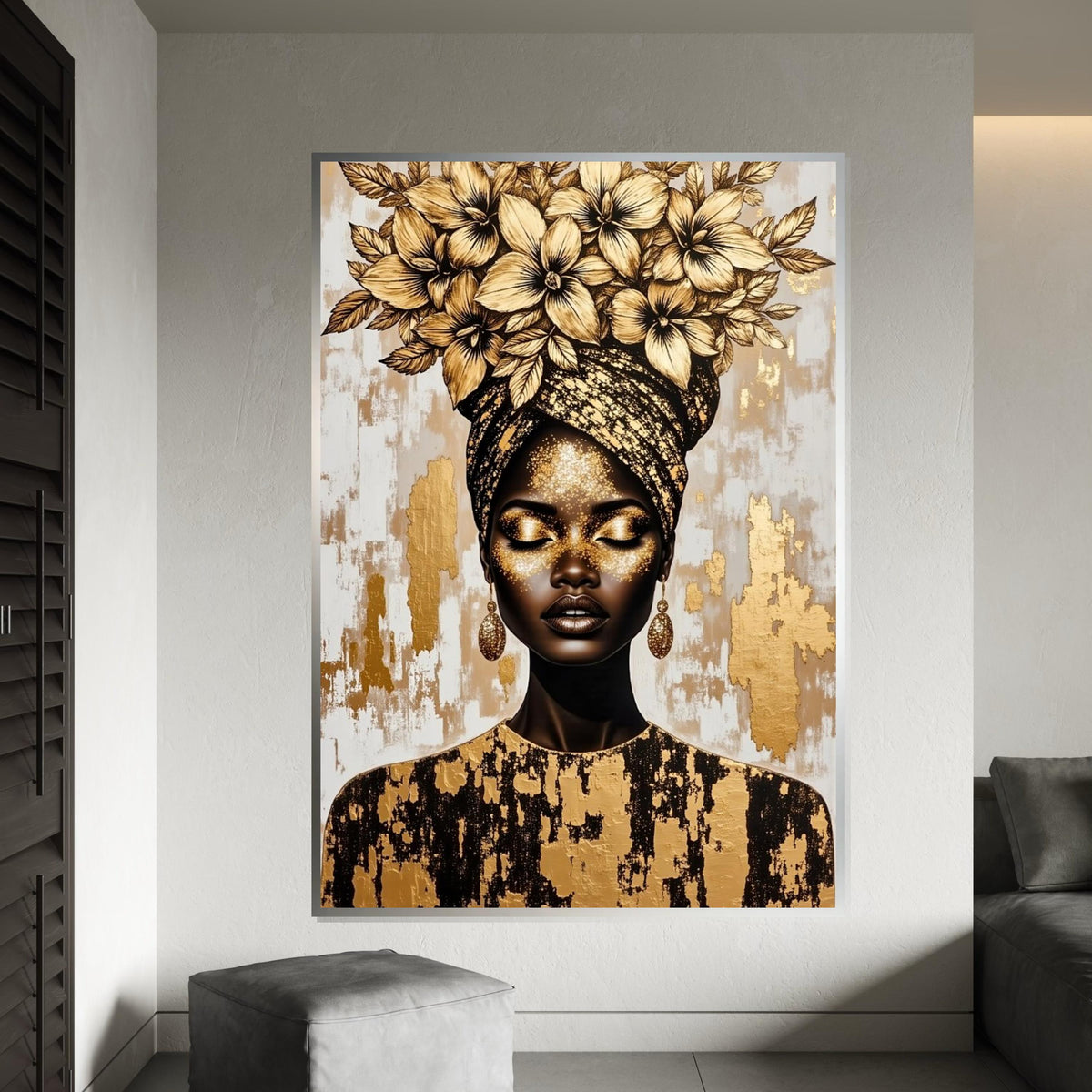 Golden Floral Headwrap Woman Canvas Print, Luxury Metallic Portrait Art, Botanical & Fashion Fusion Wall Decor, High-Detail Oil-Effect Print