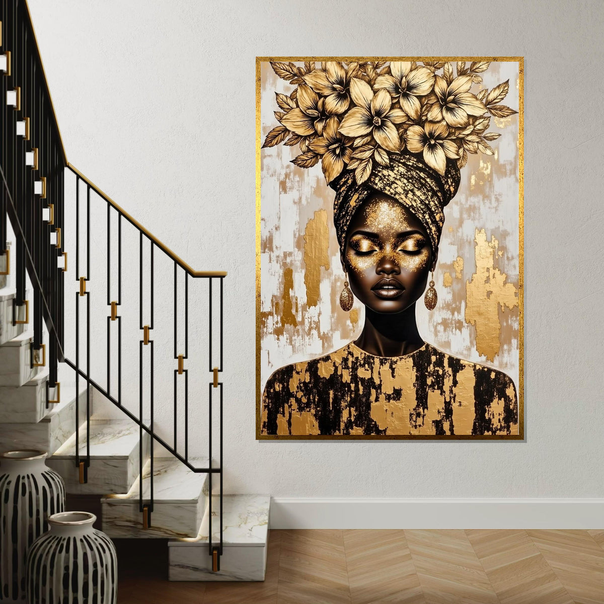 Golden Floral Headwrap Woman Canvas Print, Luxury Metallic Portrait Art, Botanical & Fashion Fusion Wall Decor, High-Detail Oil-Effect Print