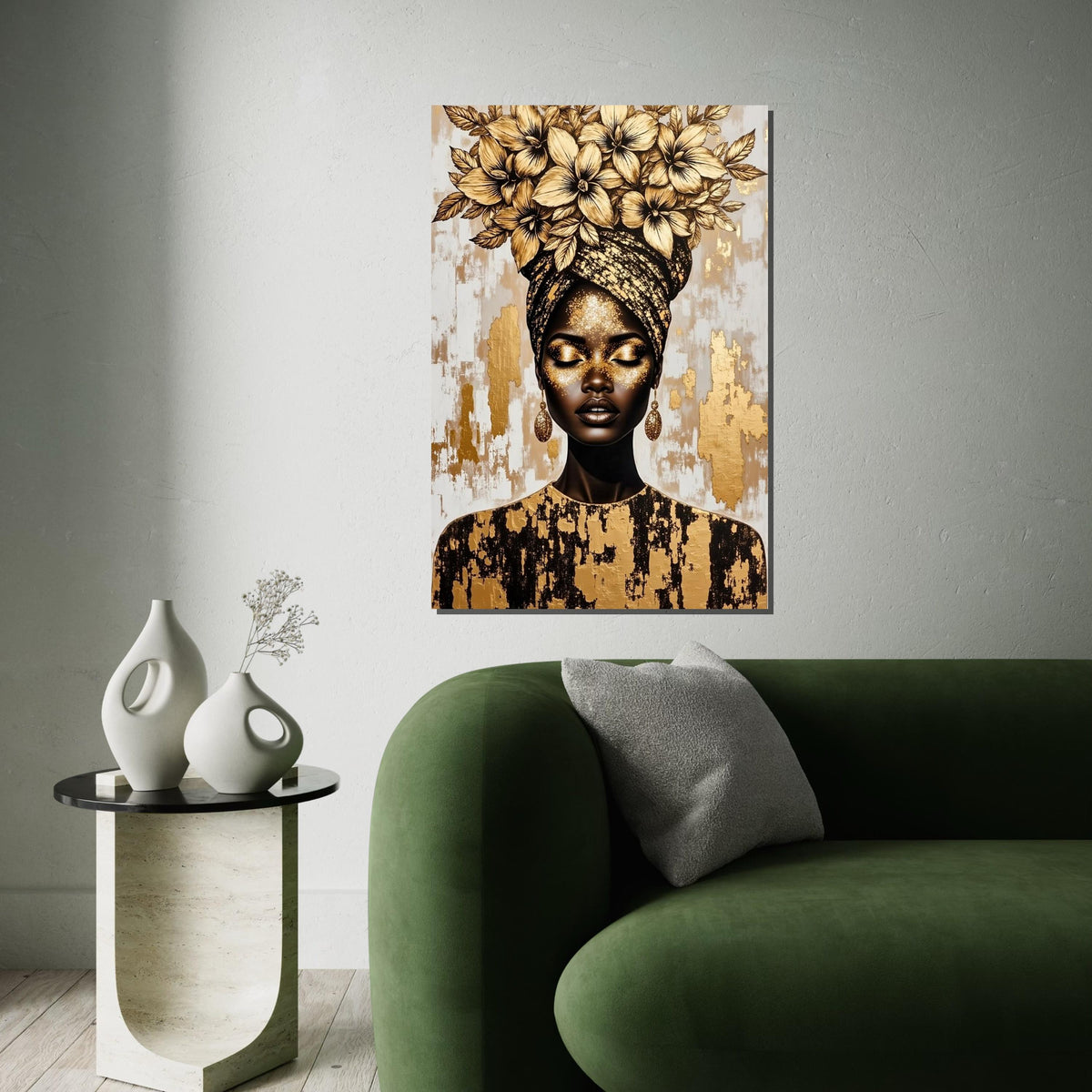 Golden Floral Headwrap Woman Canvas Print, Luxury Metallic Portrait Art, Botanical & Fashion Fusion Wall Decor, High-Detail Oil-Effect Print