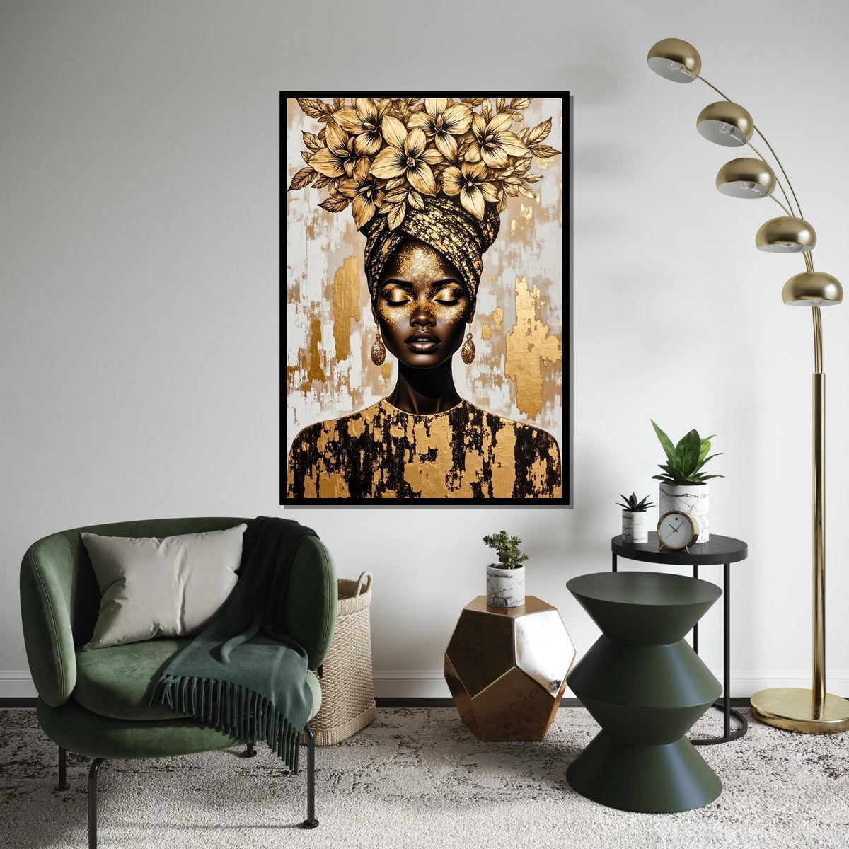 Golden Floral Headwrap Woman Canvas Print, Luxury Metallic Portrait Art, Botanical & Fashion Fusion Wall Decor, High-Detail Oil-Effect Print