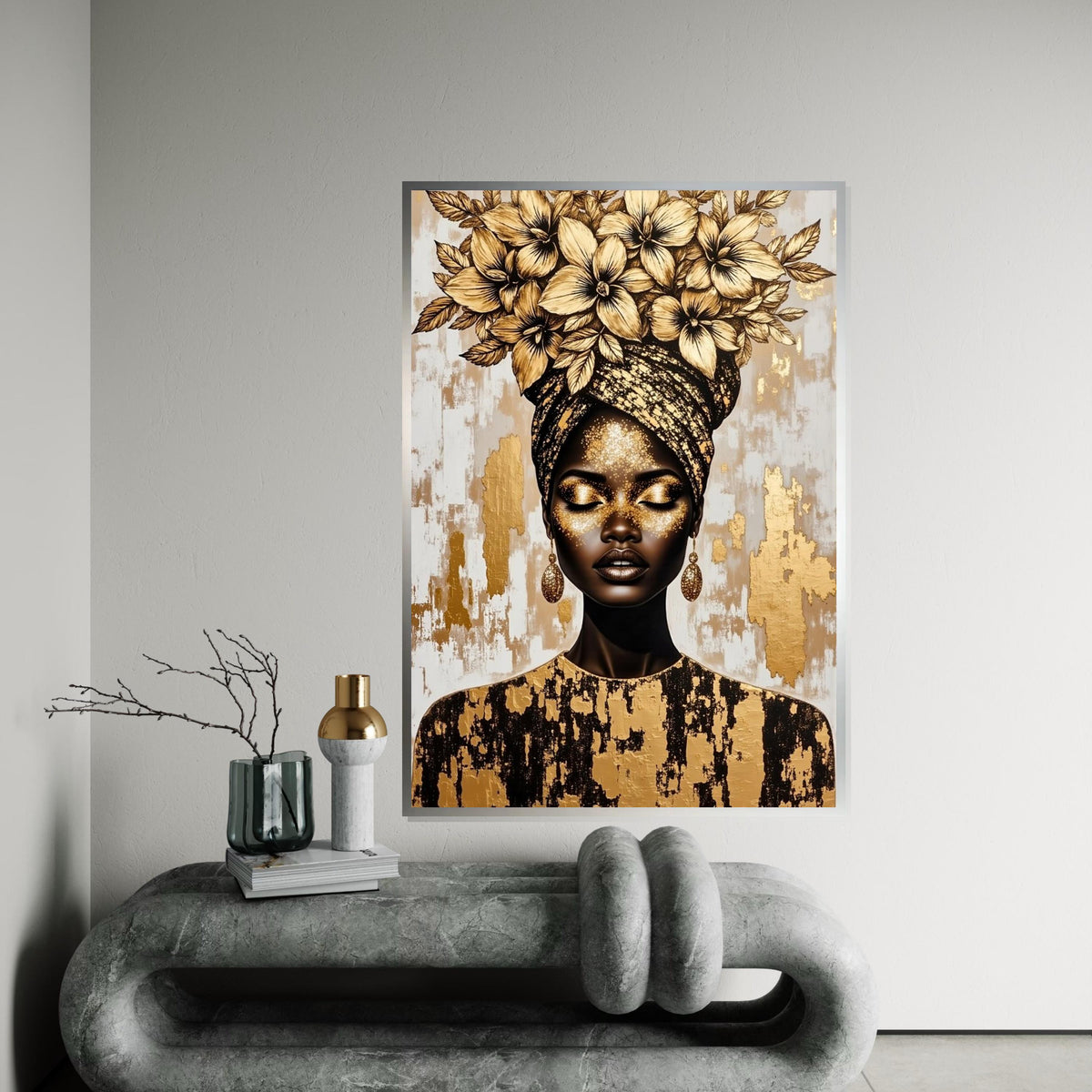 Golden Floral Headwrap Woman Canvas Print, Luxury Metallic Portrait Art, Botanical & Fashion Fusion Wall Decor, High-Detail Oil-Effect Print