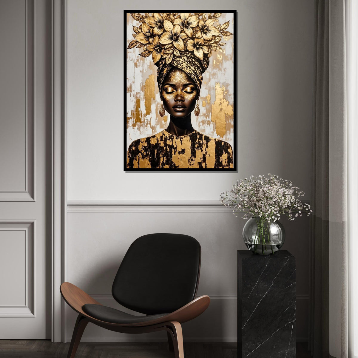 Golden Floral Headwrap Woman Canvas Print, Luxury Metallic Portrait Art, Botanical & Fashion Fusion Wall Decor, High-Detail Oil-Effect Print