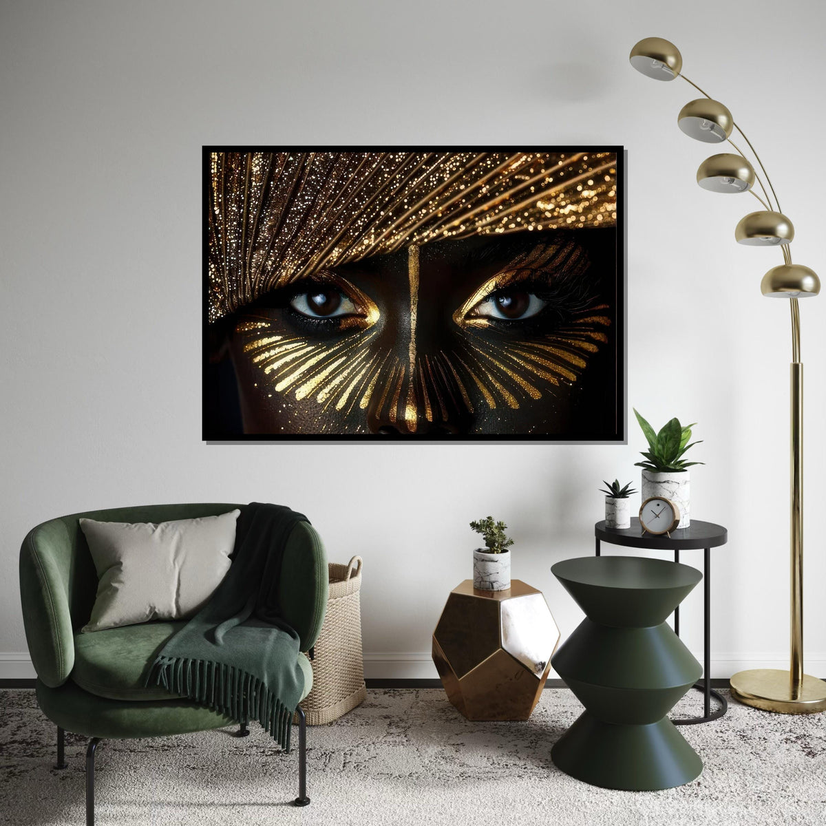 Golden Glitter Eyes Close-Up Canvas Print, Beauty Makeup Macro Art, High-Detail Glam Portrait,Black & Gold Wall Decor,Oil-Style Beauty Print