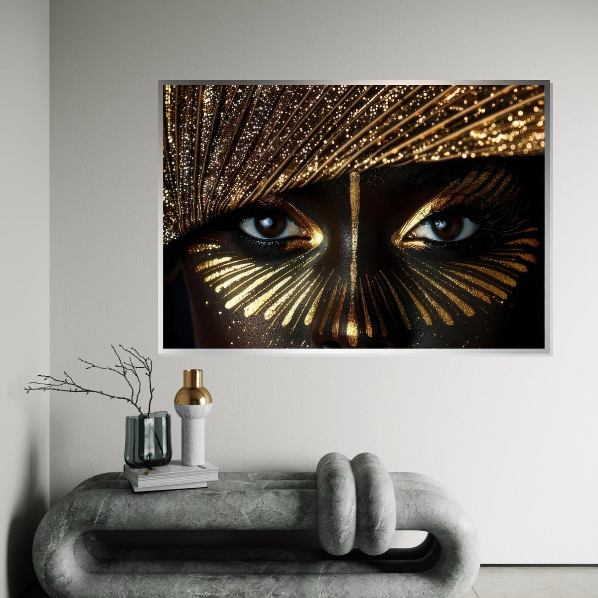 Golden Glitter Eyes Close-Up Canvas Print, Beauty Makeup Macro Art, High-Detail Glam Portrait,Black & Gold Wall Decor,Oil-Style Beauty Print