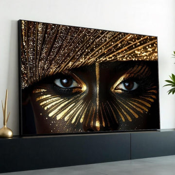 Golden Glitter Eyes Close-Up Canvas Print, Beauty Makeup Macro Art, High-Detail Glam Portrait,Black & Gold Wall Decor,Oil-Style Beauty Print