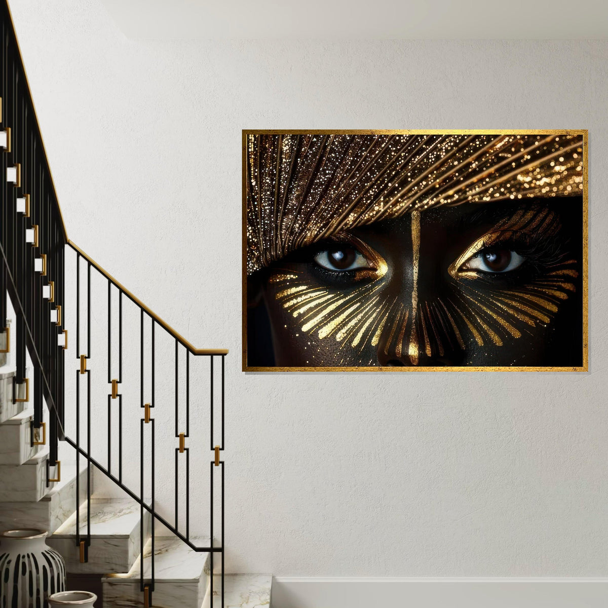 Golden Glitter Eyes Close-Up Canvas Print, Beauty Makeup Macro Art, High-Detail Glam Portrait,Black & Gold Wall Decor,Oil-Style Beauty Print