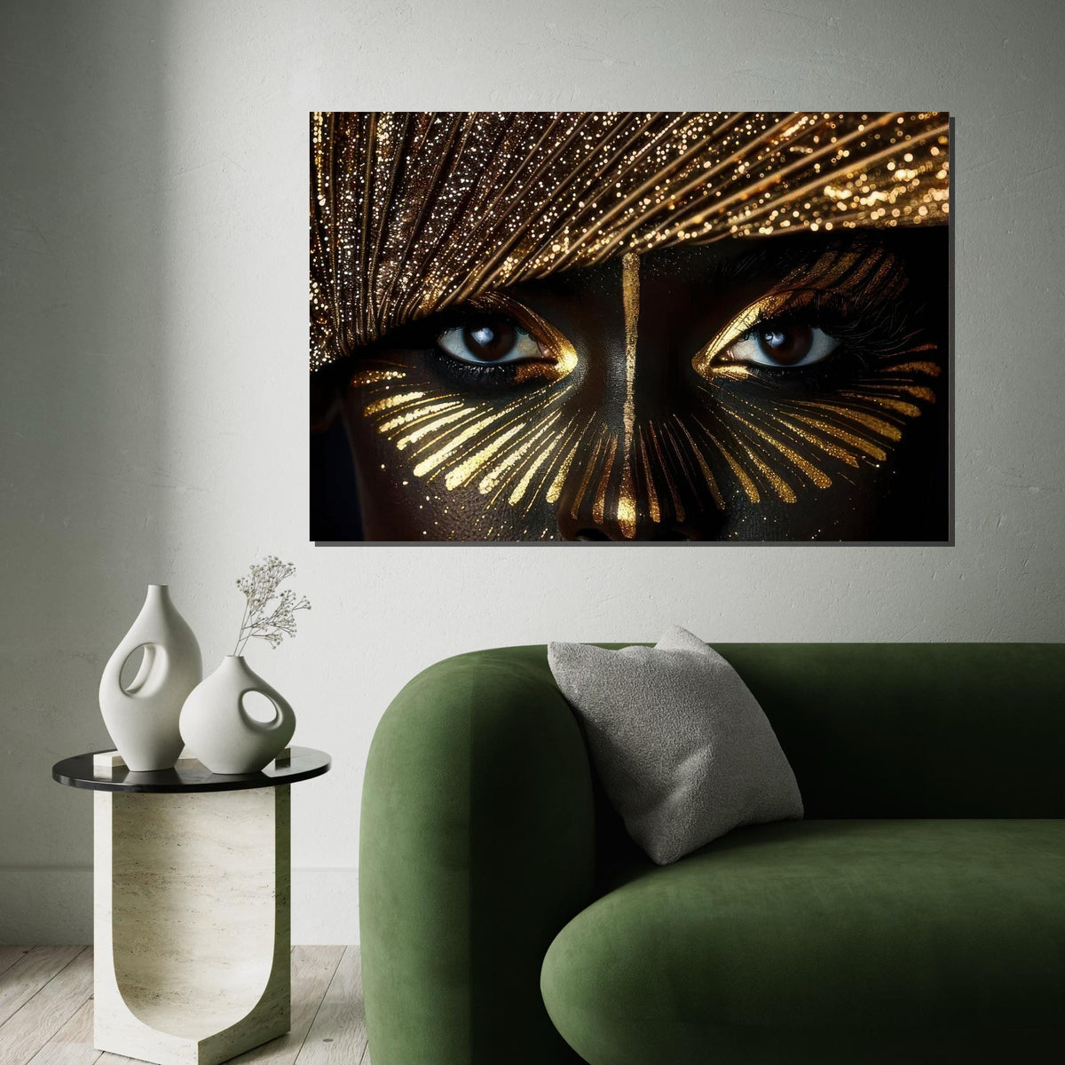 Golden Glitter Eyes Close-Up Canvas Print, Beauty Makeup Macro Art, High-Detail Glam Portrait,Black & Gold Wall Decor,Oil-Style Beauty Print