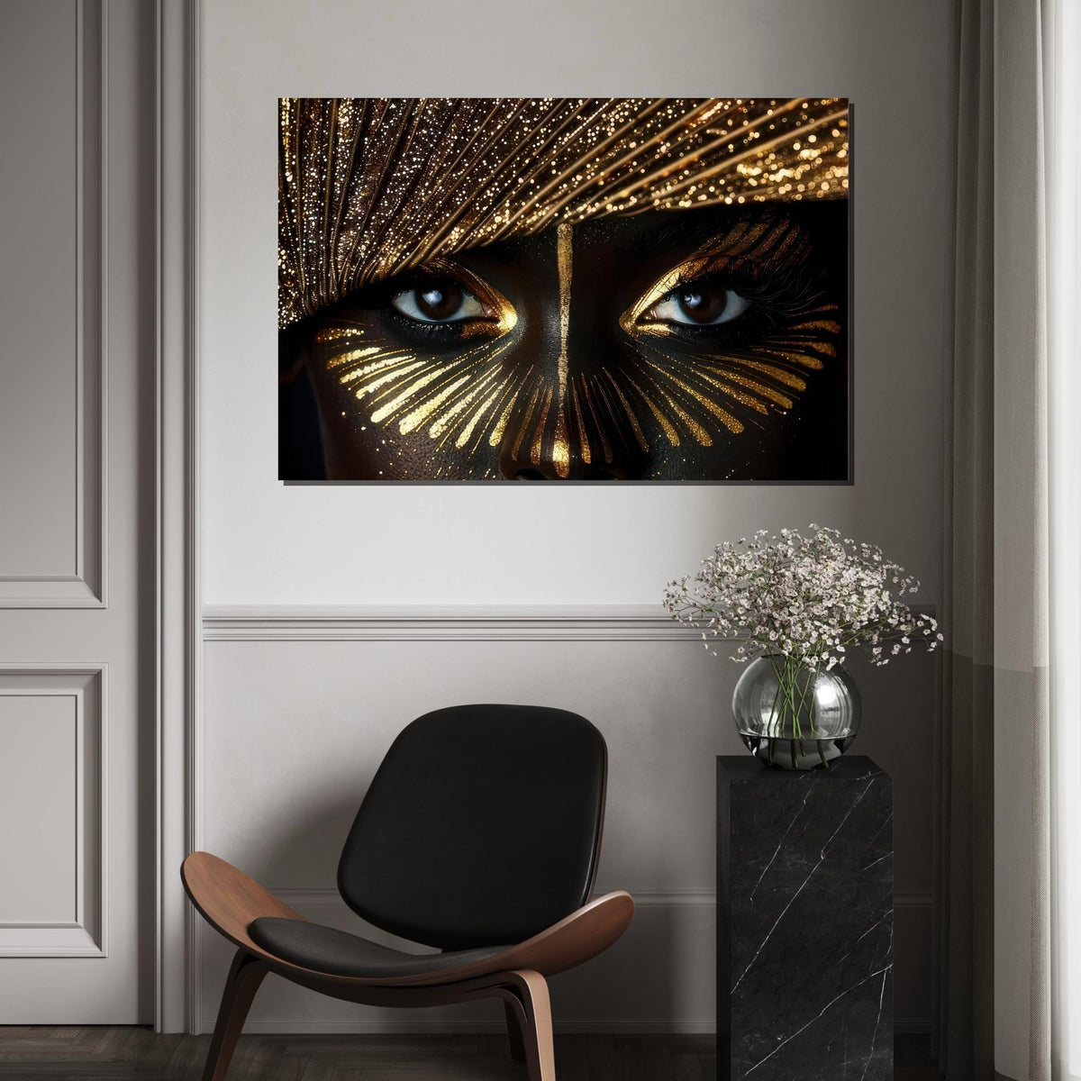 Golden Glitter Eyes Close-Up Canvas Print, Beauty Makeup Macro Art, High-Detail Glam Portrait,Black & Gold Wall Decor,Oil-Style Beauty Print