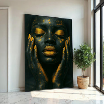 Black & Gold Glamour Face Canvas Print, Metallic Makeup Abstract Art,Luxury Beauty Portrait,High-Contrast Wall Decor,Oil-Effect Beauty Print