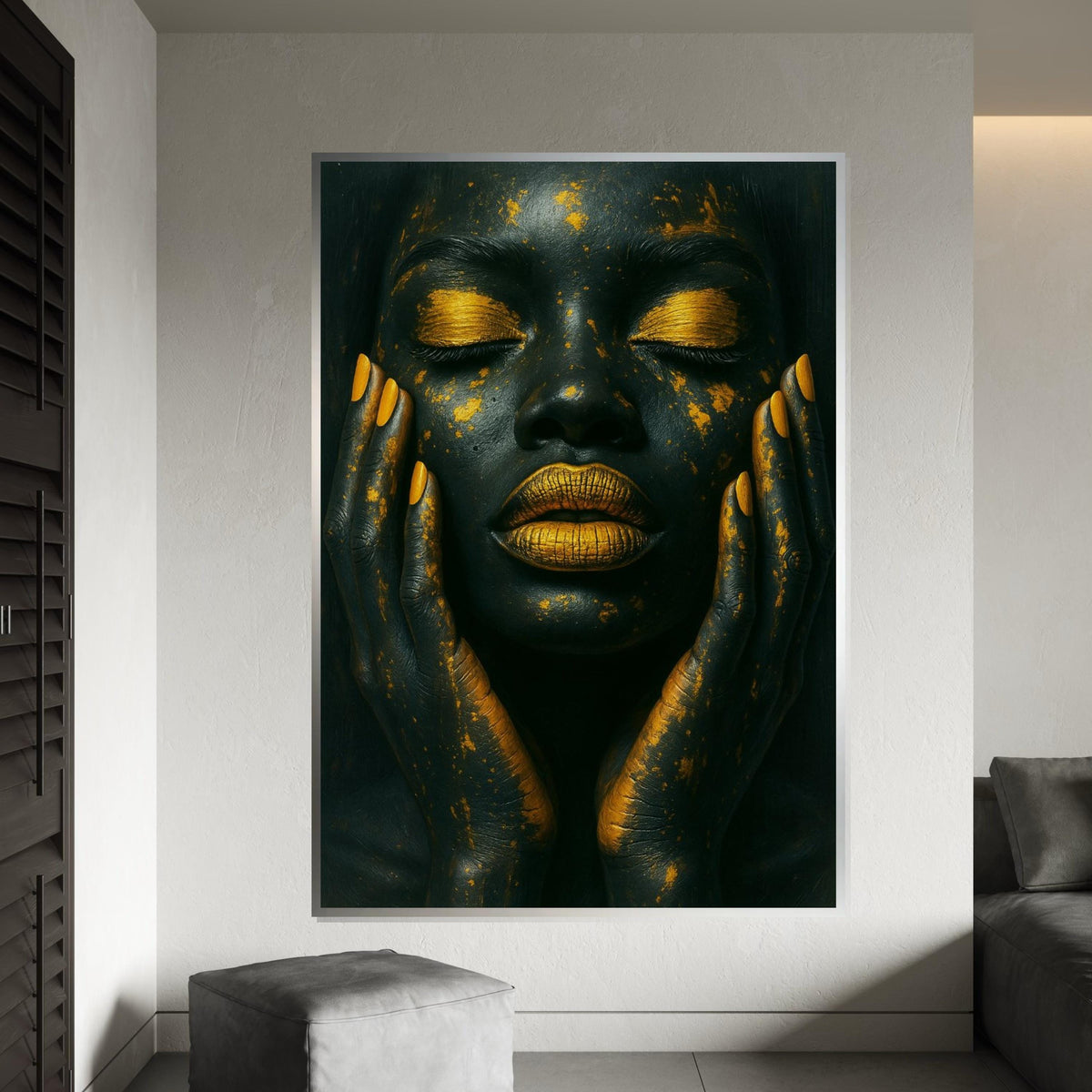 Black & Gold Glamour Face Canvas Print, Metallic Makeup Abstract Art,Luxury Beauty Portrait,High-Contrast Wall Decor,Oil-Effect Beauty Print